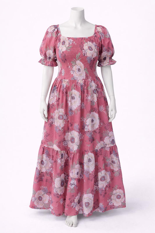 Women's dusty pink printed sundress with puff sleeves