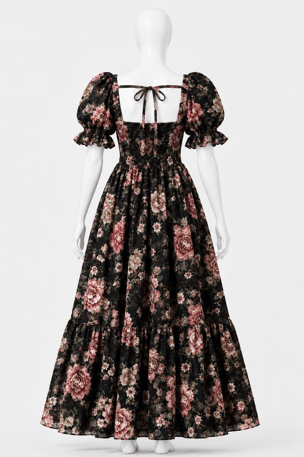 Women's Black floral printed sundress with puff sleeves