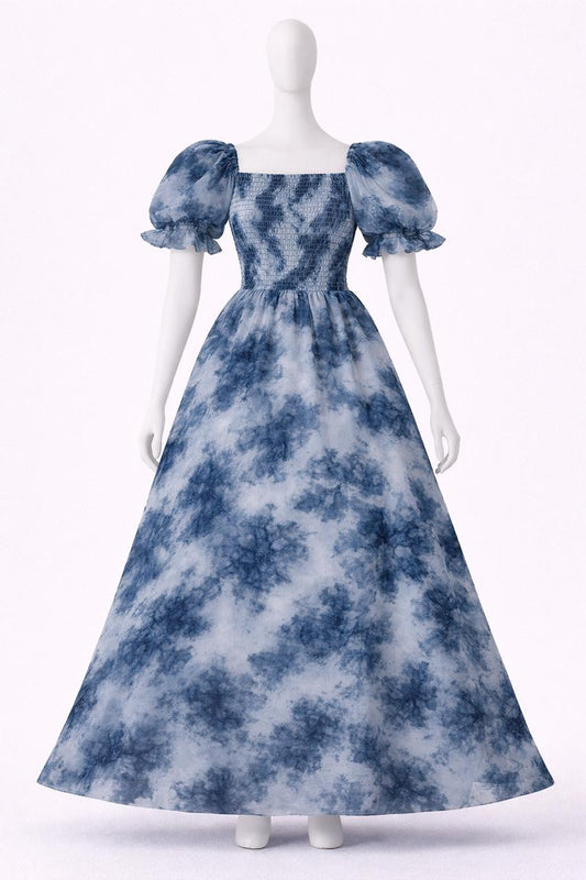 Women's blue floral printed sundress with puff sleeves