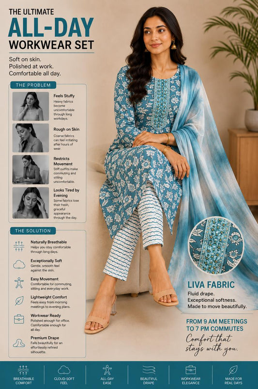 Stylish printed Liva fabric kurta set with embellished yoke & shaded dupatta