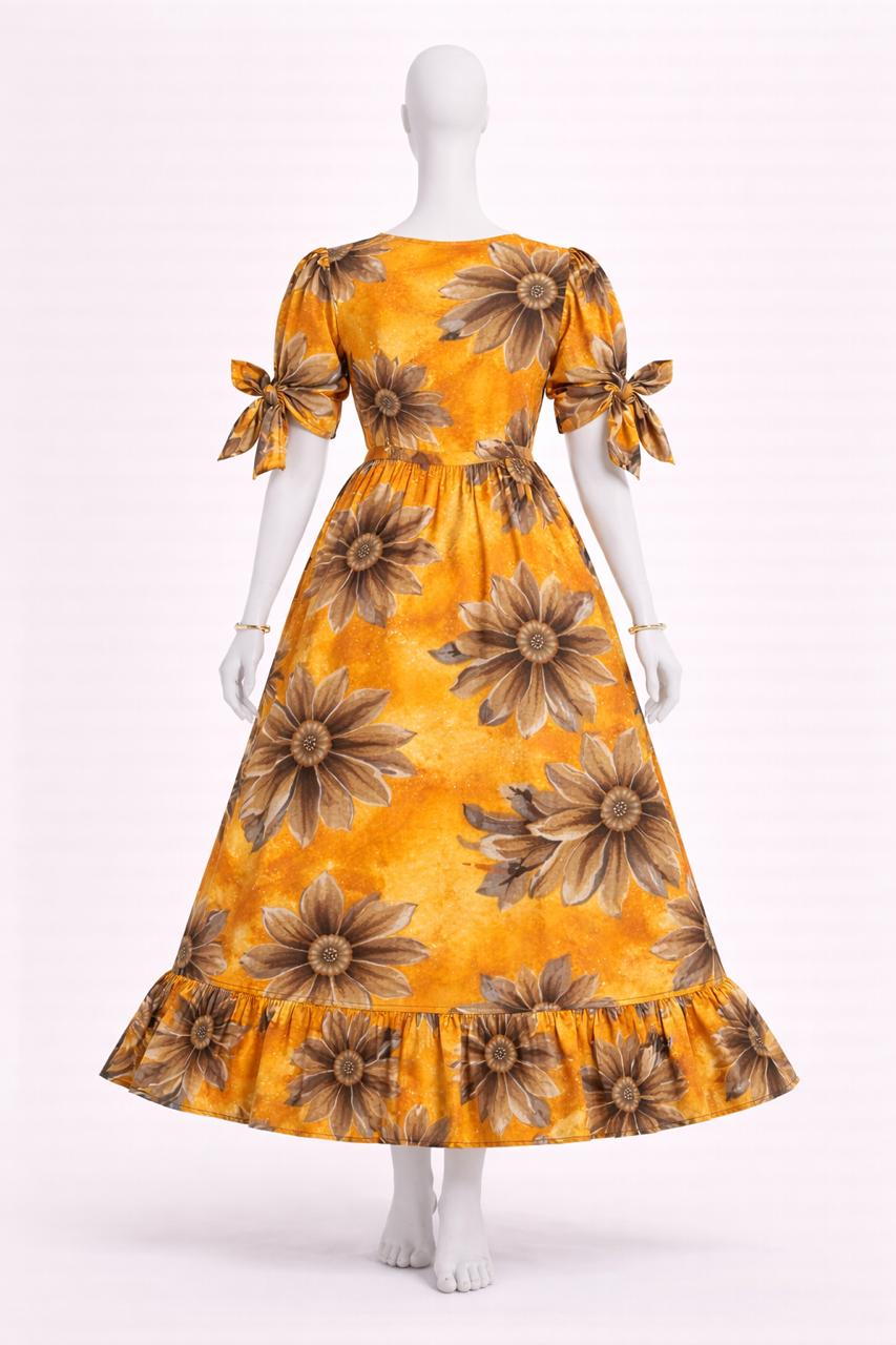 Women's yellow floral printed maxi with puff sleeves tie up dress