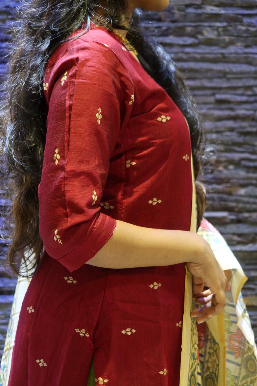 Pure Raw Silk Churidar Set with Kalamkari Dupatta & Pant