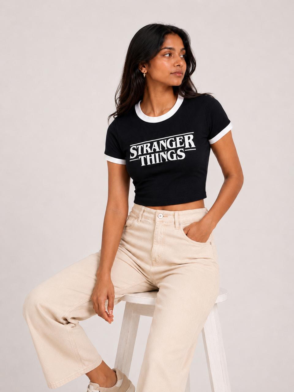 Stranger things printed contrast collar Baby tee | Women's cropped Fit T-shirt