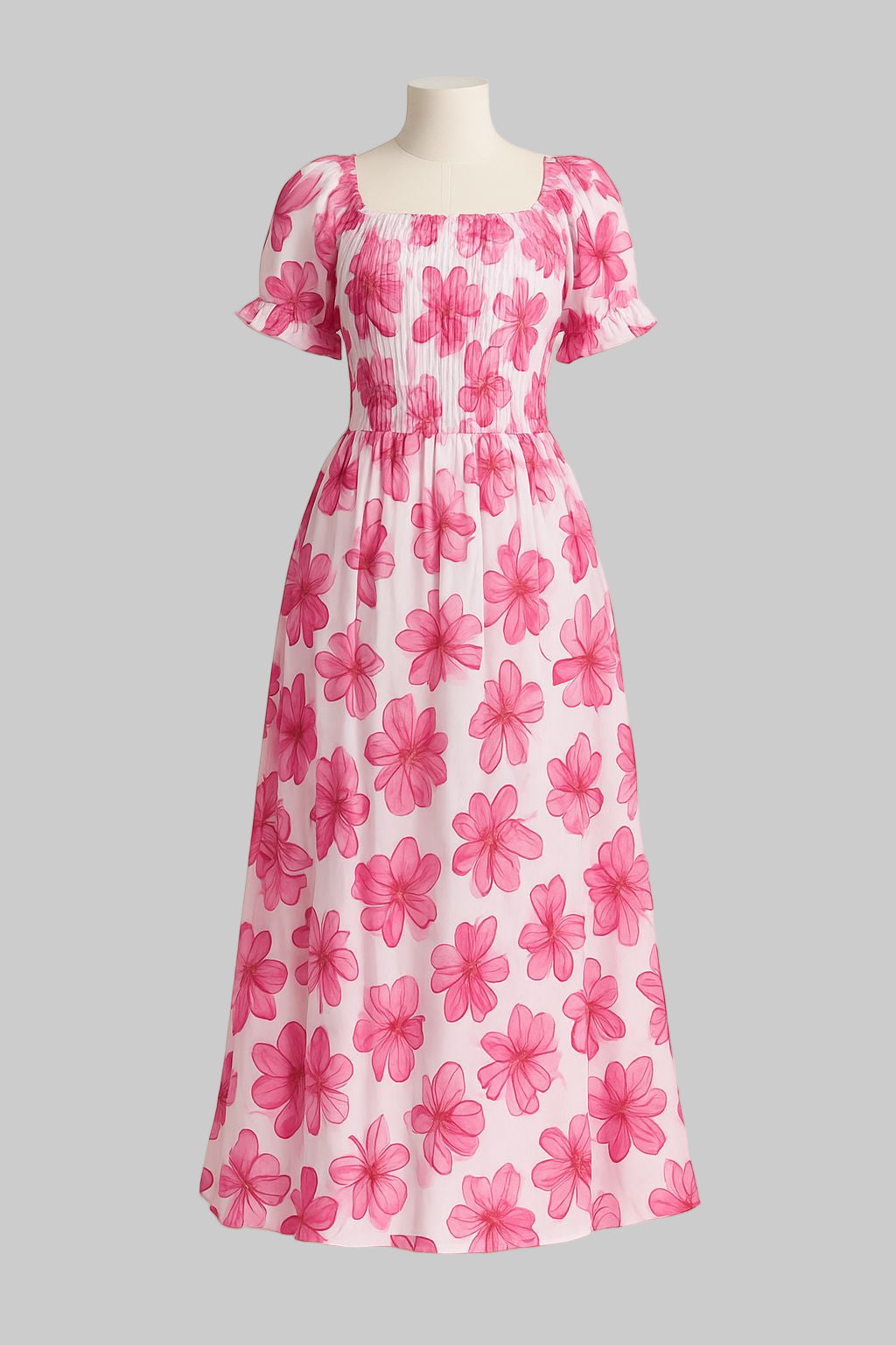 Women's white with pink floral printed sundress with puff sleeve