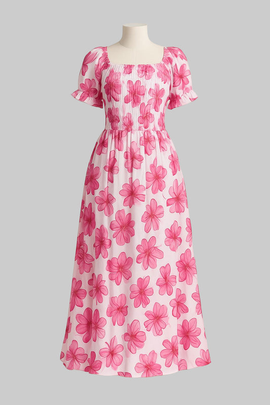 Women's white with pink floral printed sundress with puff sleeve