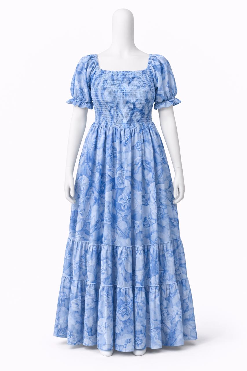 Women's Blue printed sundress with puff sleeves