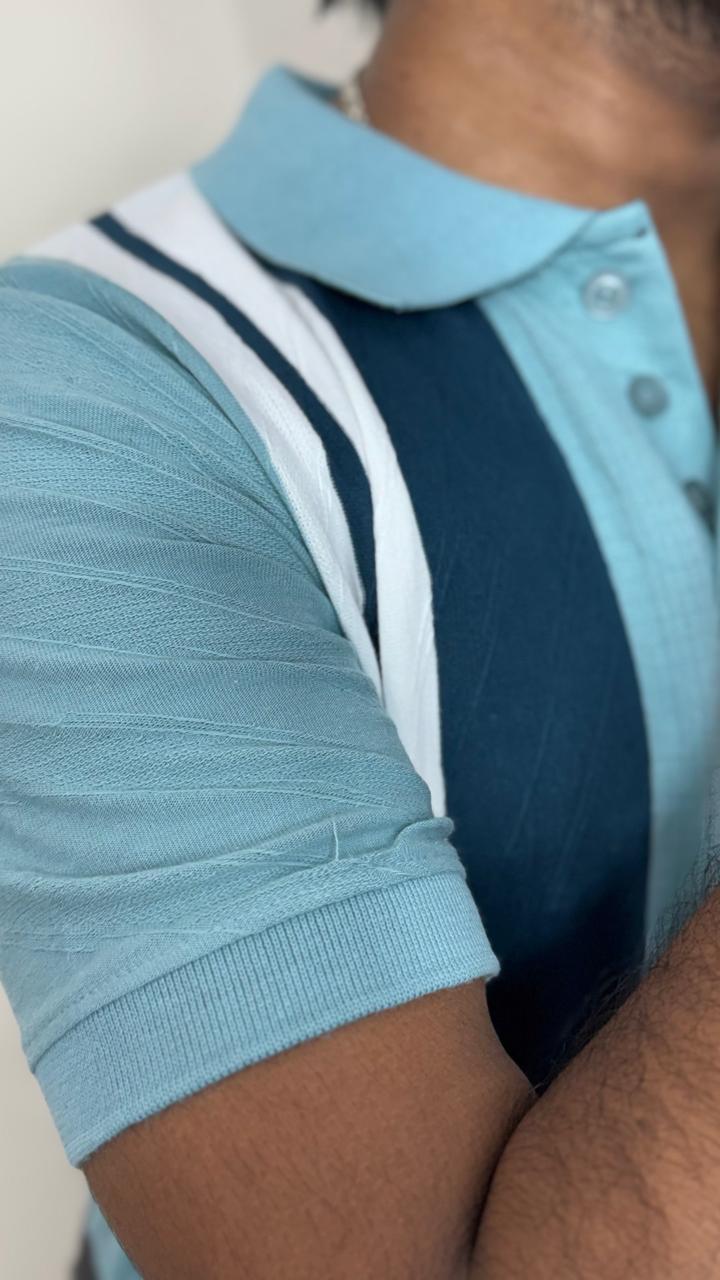 Men’s Aqua Blue Knitted Cotton Polo T-Shirt | Premium Vertical Stripe Polo Tee