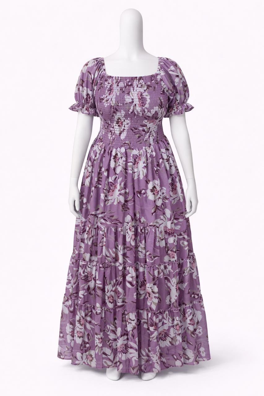 Women's violet floral printed sundress with puff sleeves