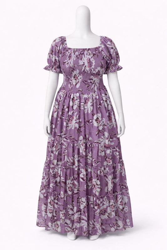 Women's violet floral printed sundress with puff sleeves