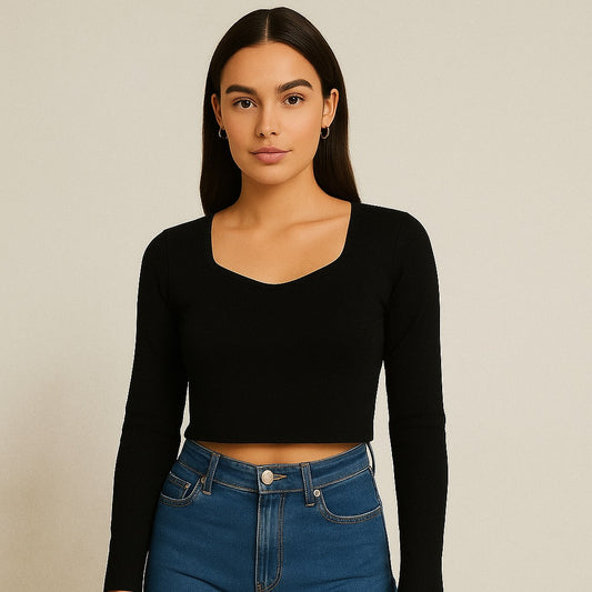 Stylish black knitted crop top| full sleeve