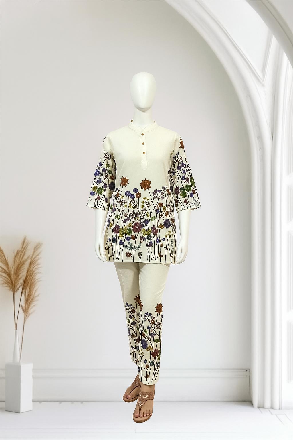 Elegant cream floral printed linen co-ords