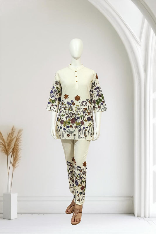 Elegant cream floral printed linen co-ords