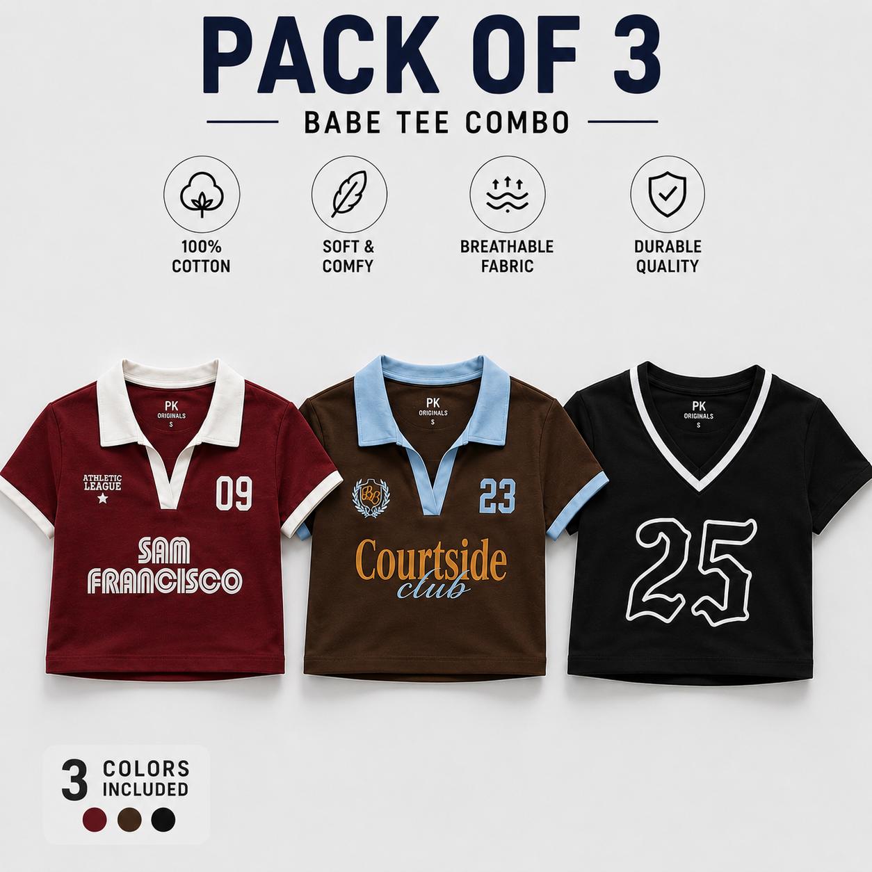Pack of 3 T-shirts contrast collar Baby tee | Women's cropped Fit T-shirt