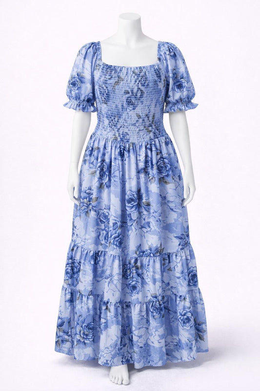 Women's blue printed sundress with puff sleeves