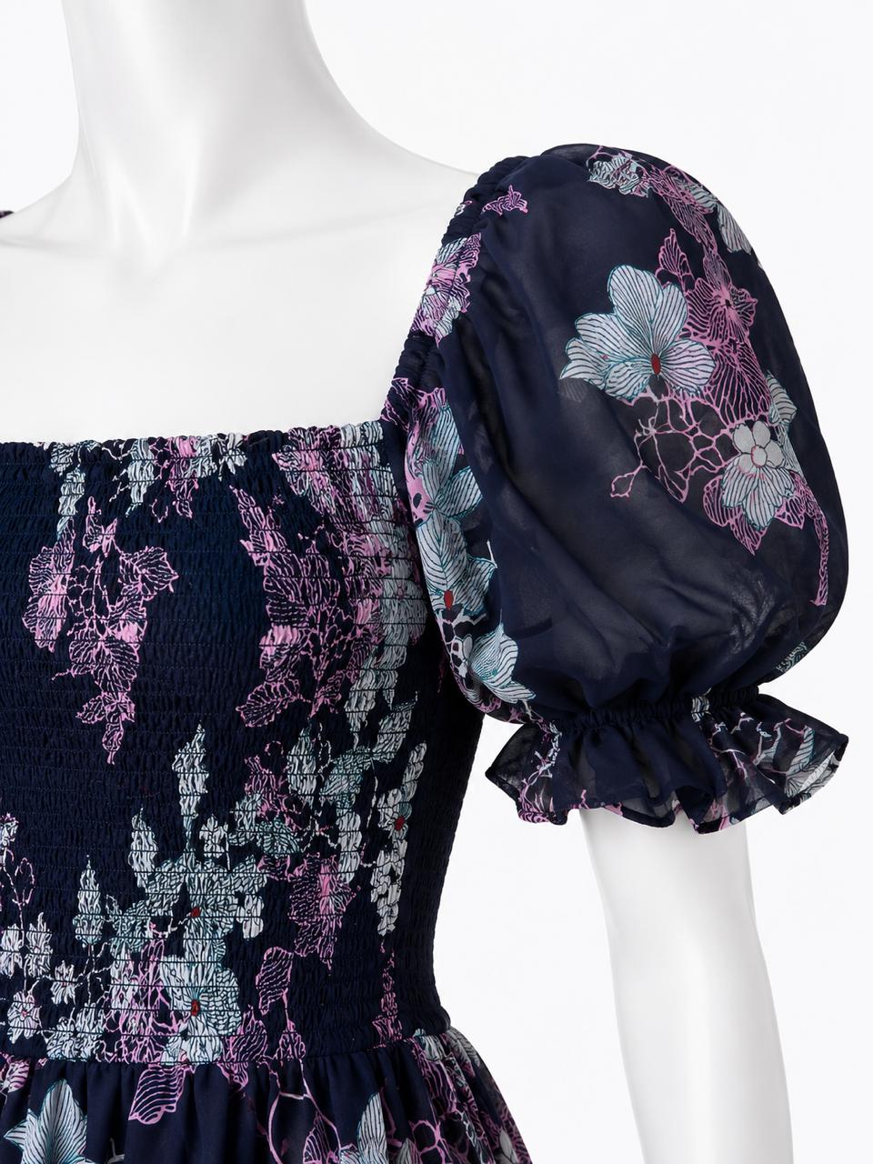 Women's navy blue floral printed sundress with puff sleeves