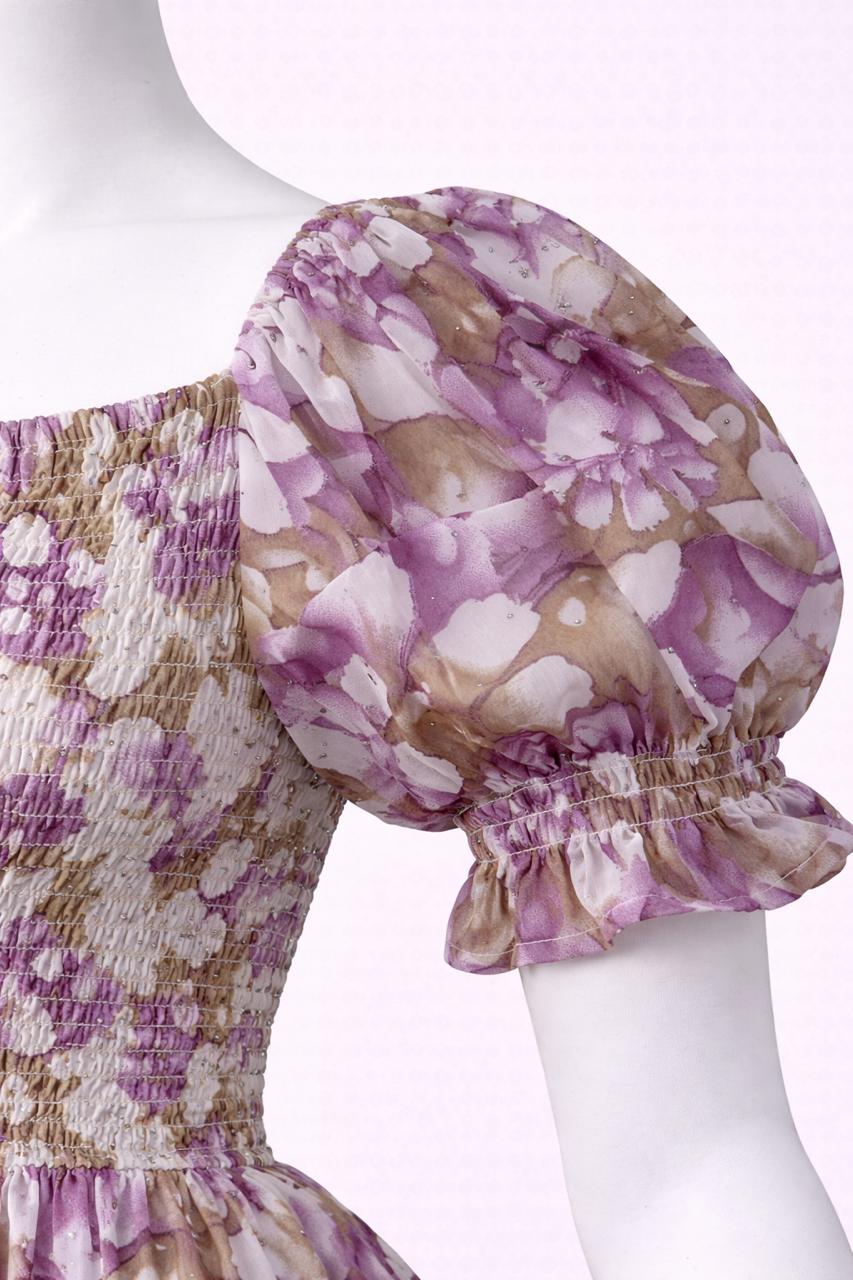 Women's violet & white floral printed sundress with puff sleeves
