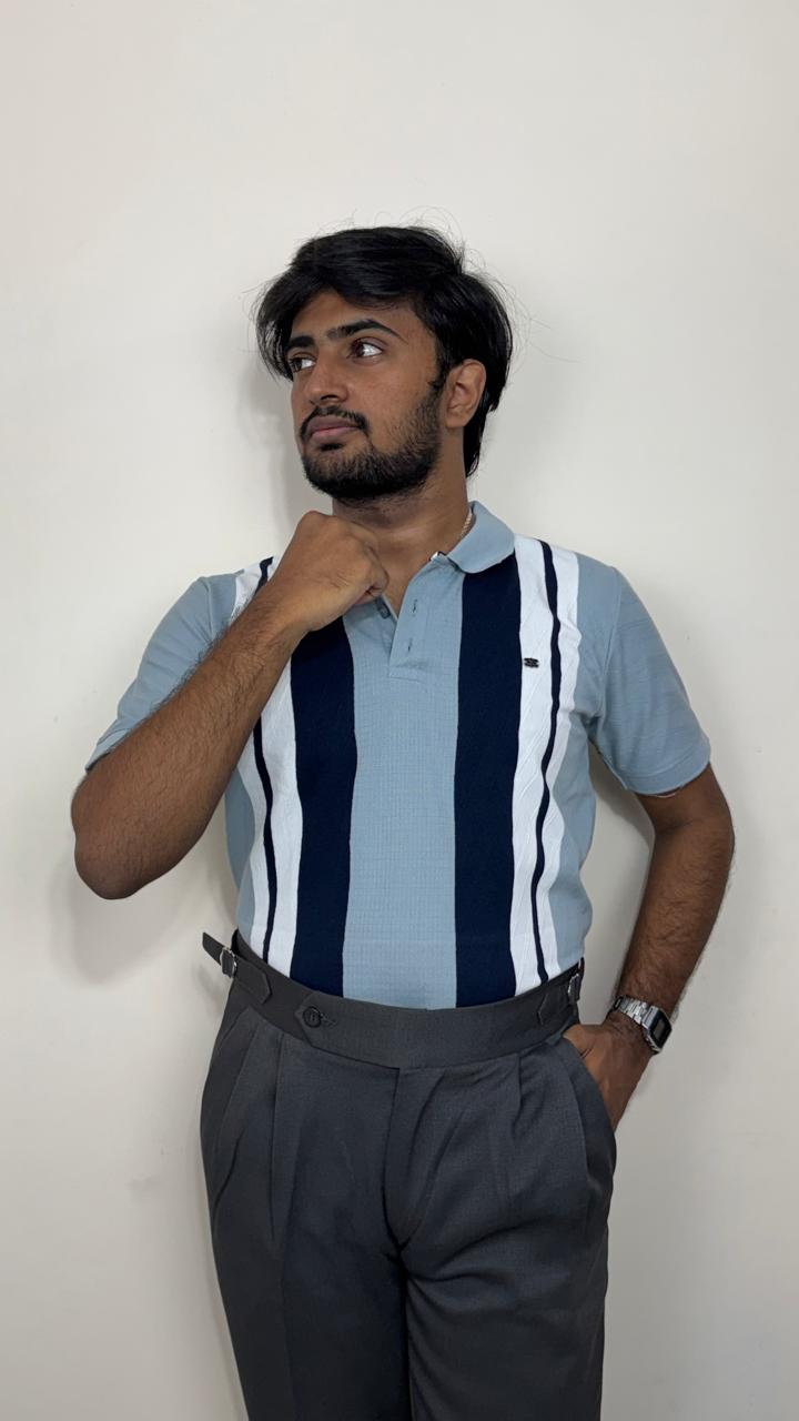 Men’s Sky Blue Knitted Cotton Polo T-Shirt | Premium Vertical Stripe Polo Tee