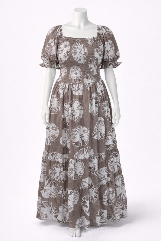 Women's caramel brown printed sundress with puff sleeves