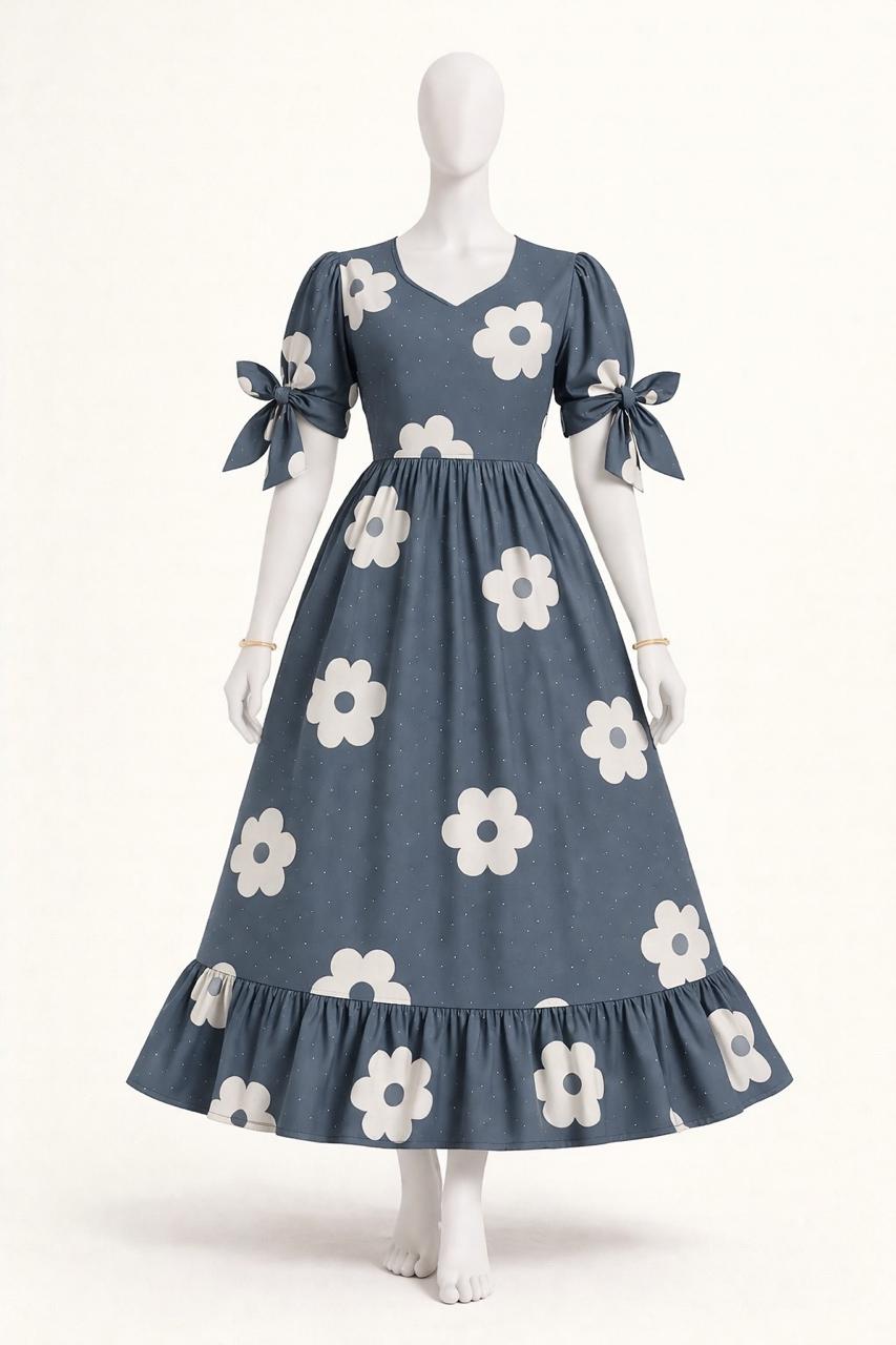Women's grey floral printed maxi with puff sleeves tie up dress
