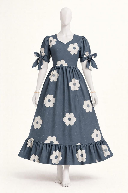 Women's grey floral printed maxi with puff sleeves tie up dress