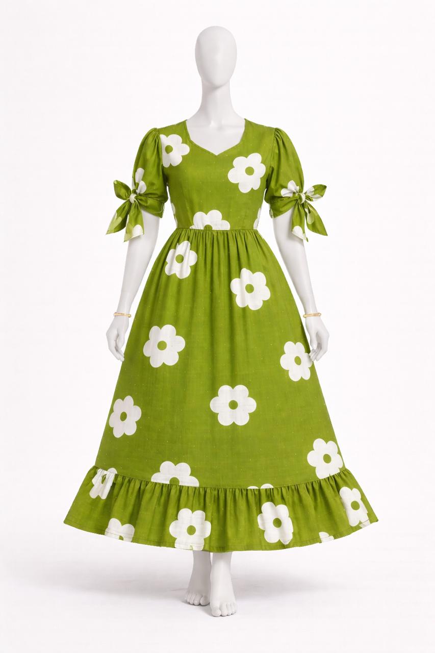 Women's green floral maxi with puff sleeves tie up