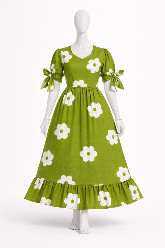 Women's green floral maxi with puff sleeves tie up