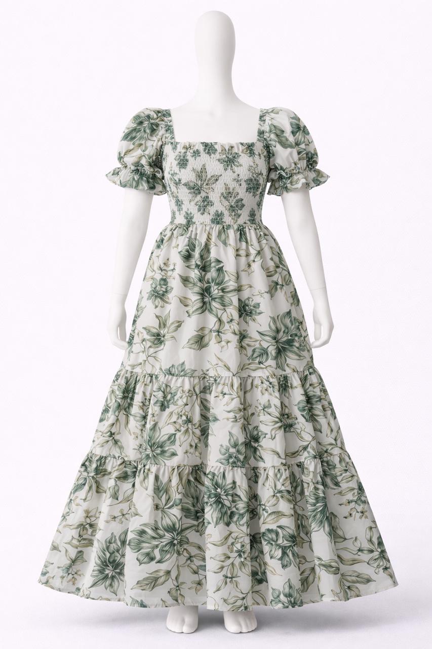 Women's green & white printed sundress with puff sleeves