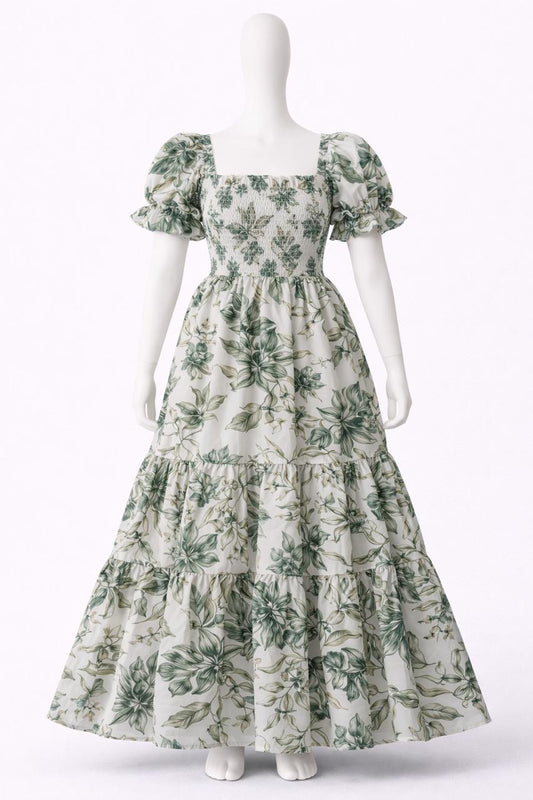Women's green & white printed sundress with puff sleeves
