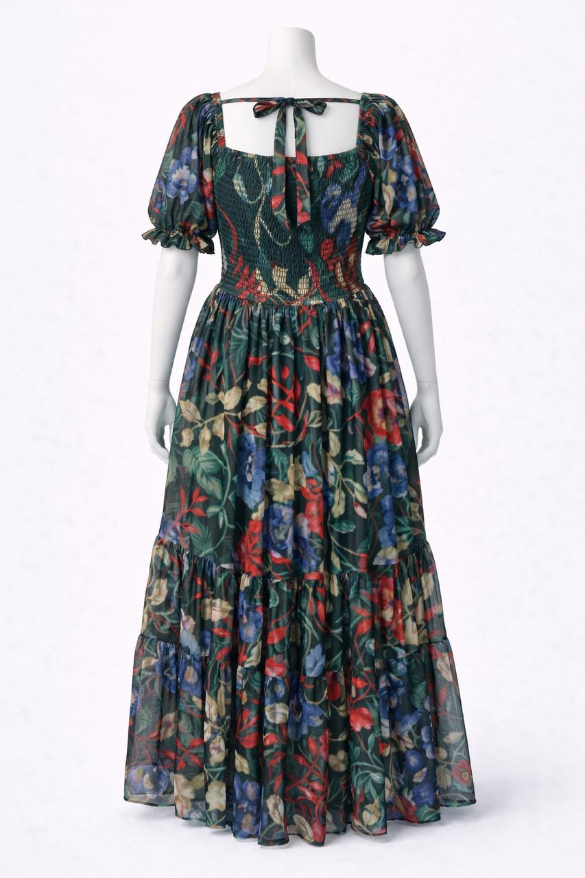 Women's green flower printed sundress with puff sleeve