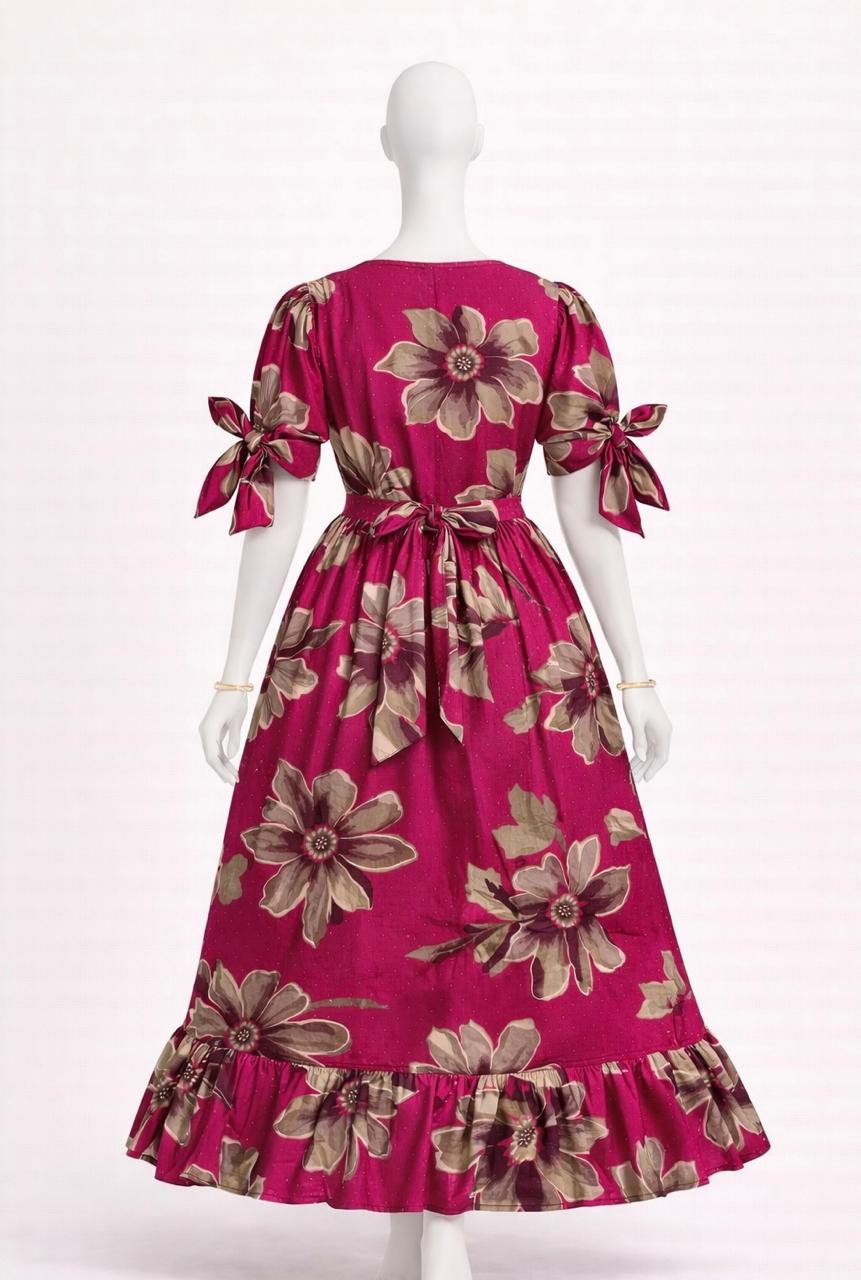 Women's pink floral printed maxi dress with puff sleeves tie up dress