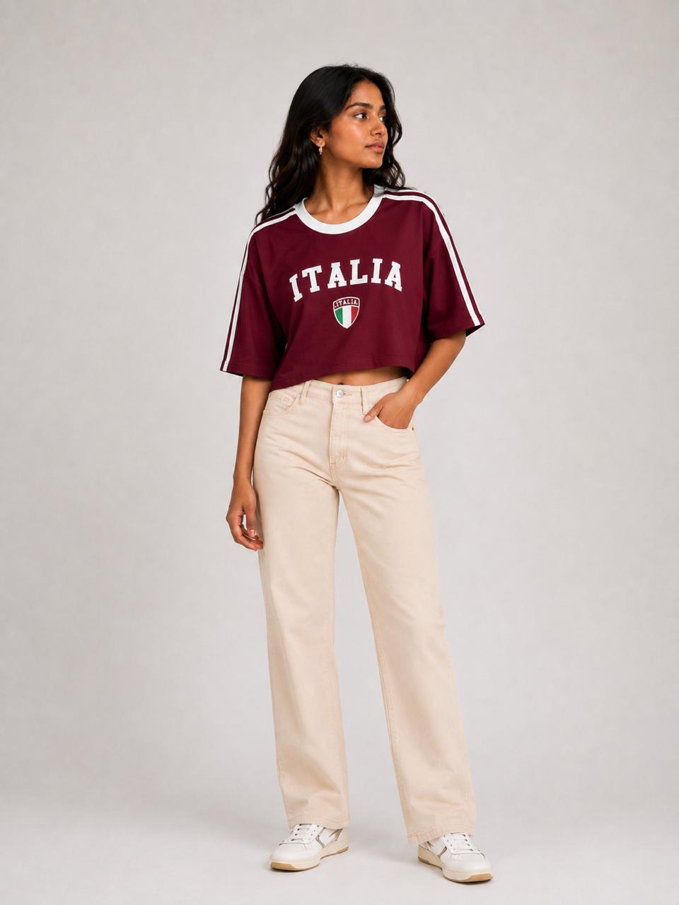 Italia contrast collar oversized tee | Women's cropped Fit T-shirt