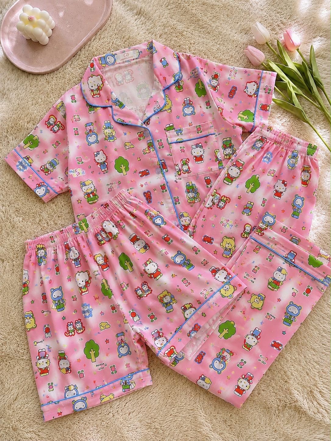 Pink hello kitty printed Premium 3-Piece Cotton Lounge Set