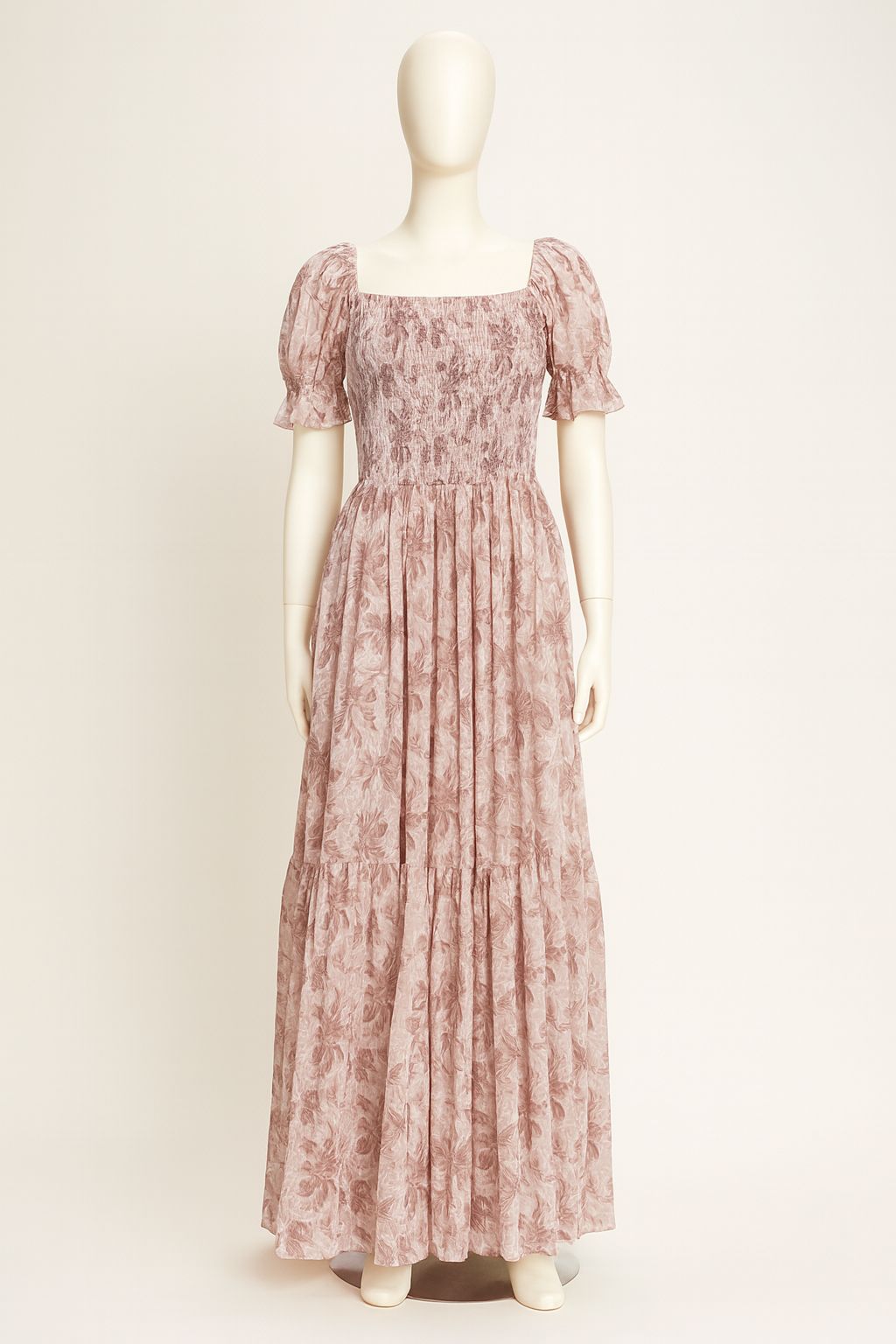 Women's light brown printed sundress with puff sleeve