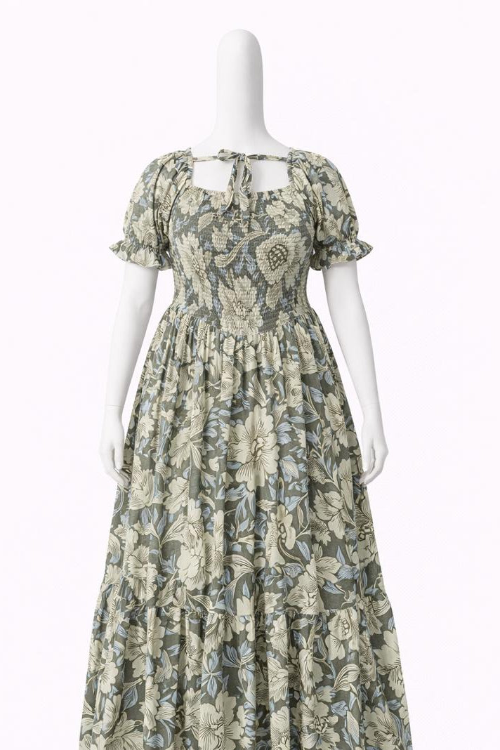 Women's green floral printed sundress with puff sleeves