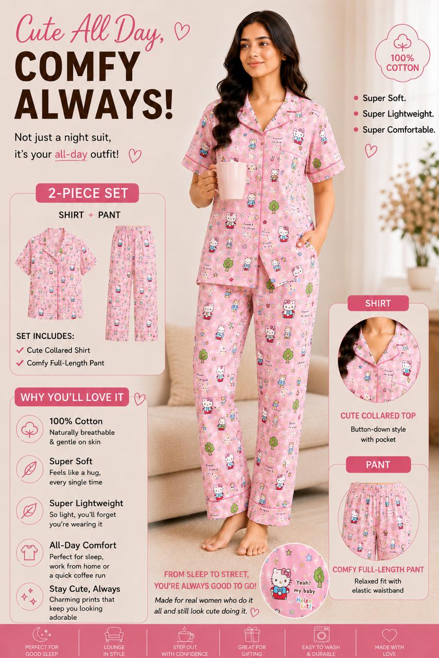 Pink Hello kitty Printed Premium 2-Piece Cotton Lounge Set
