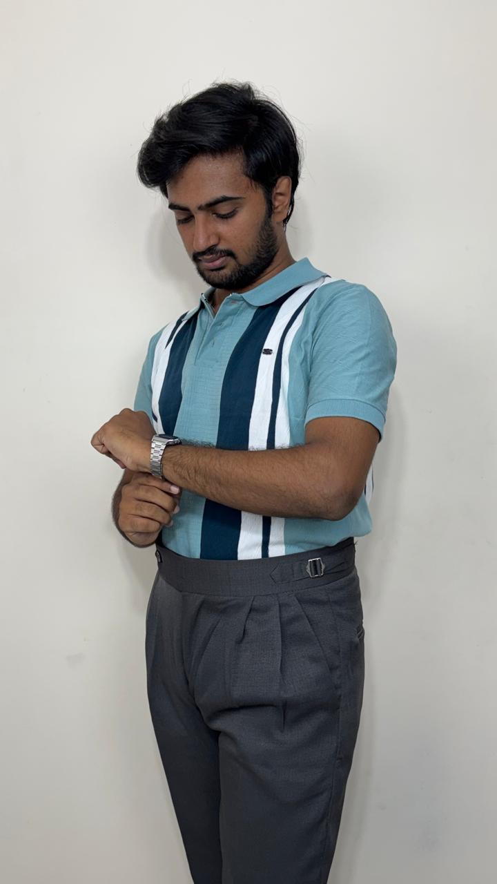 Men’s Aqua Blue Knitted Cotton Polo T-Shirt | Premium Vertical Stripe Polo Tee