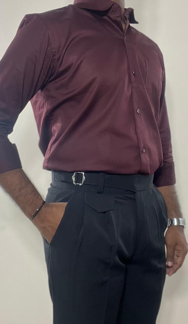 Burgundy wine fluid shirt & black Gurkha pants set