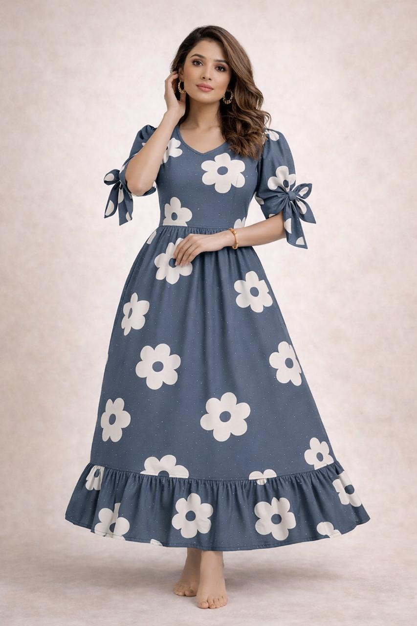 Women's grey floral printed maxi with puff sleeves tie up dress