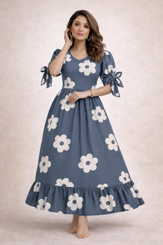 Women's grey floral printed maxi with puff sleeves tie up dress