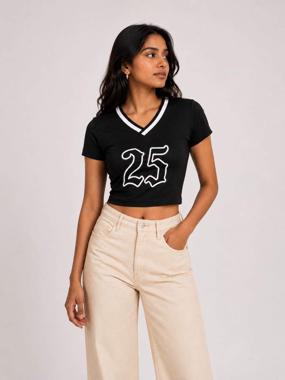 Retro printed Black contrast collar Baby tee | Women's cropped Fit T-shirt