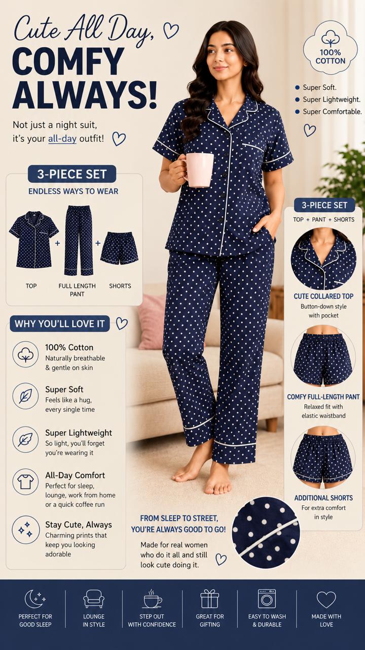 Women's Polka dot Printed Premium 3-Piece Cotton Lounge Set
