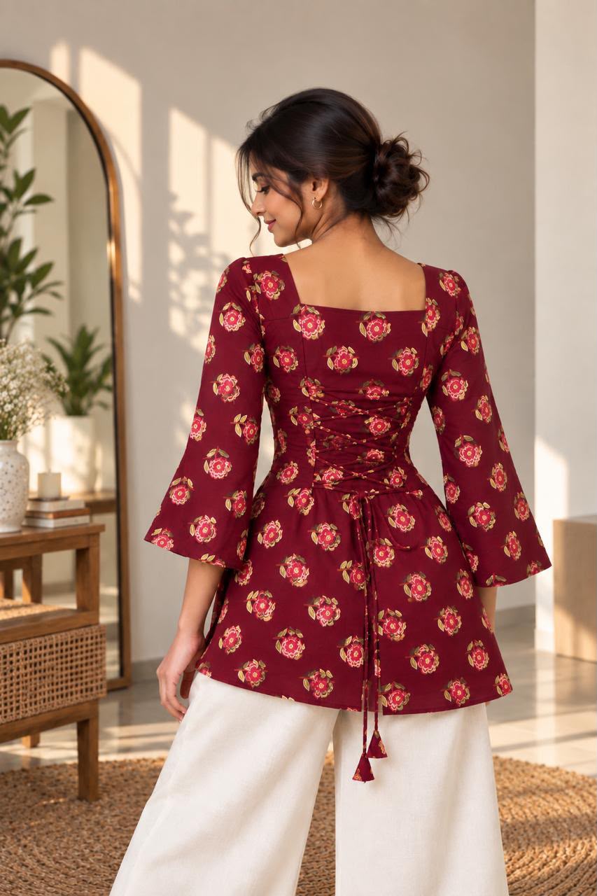 Merlot rose printed Premium 100% Pure Cotton Corset Back Knot Short Kurti | Printed Flared Kurti for Women
