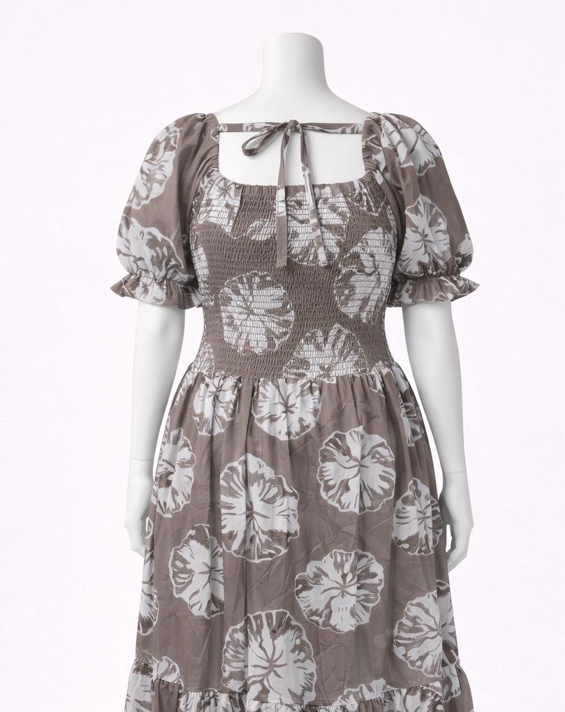 Women's caramel brown printed sundress with puff sleeves