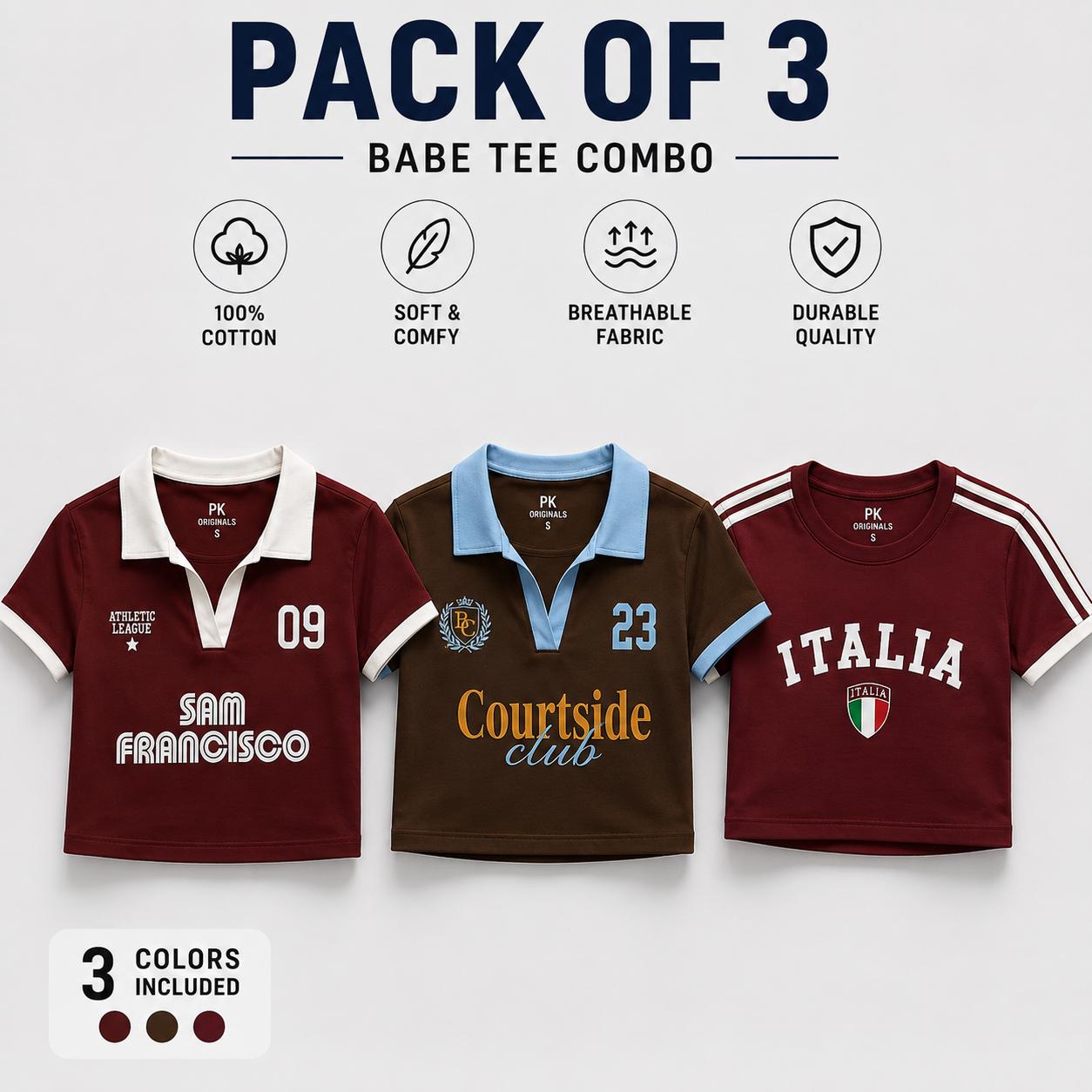 Pack of 3 tshirts contrast collar Baby tee | Women's cropped Fit T-shirt