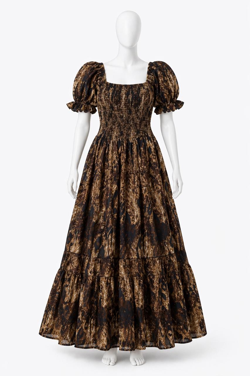 Women's Coffee Brown printed sundress with puff sleeves