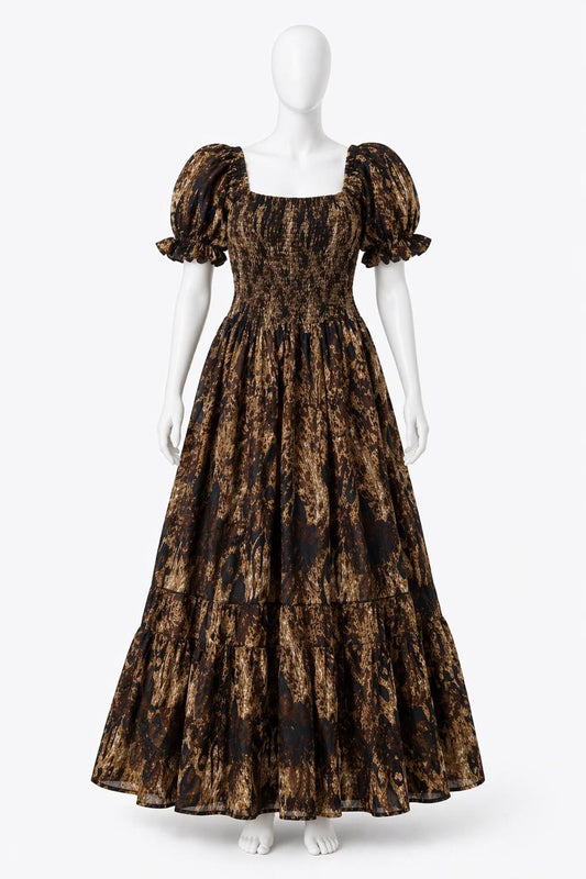 Women's Coffee Brown printed sundress with puff sleeves