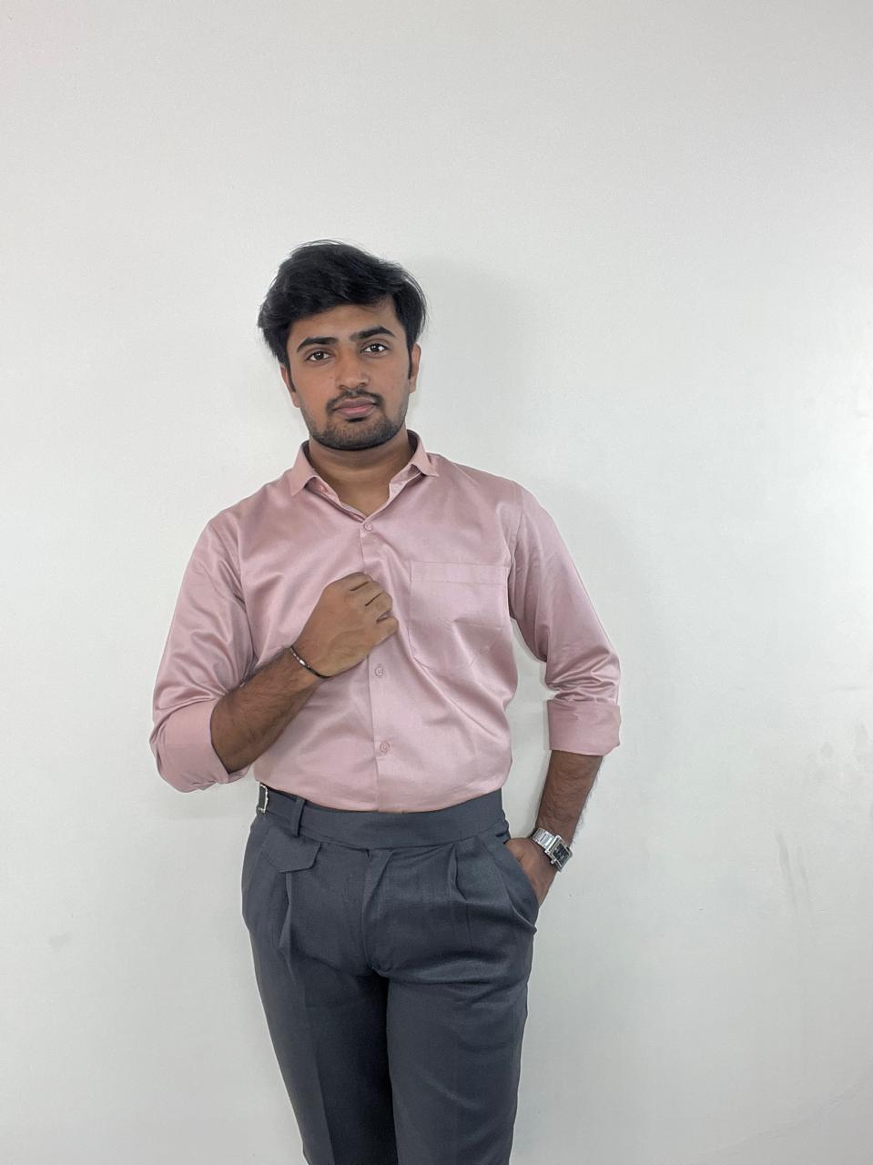 Blush pink fluid shirt & grey linen Gurkha pants set