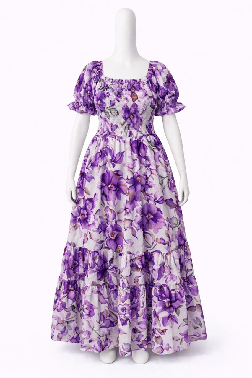 Women's white & violet printed sundress with puff sleeves