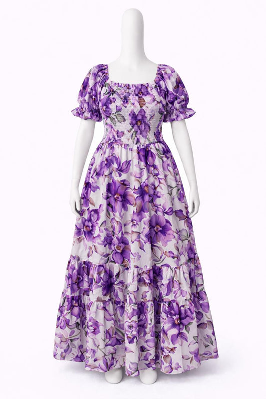 Women's white & violet printed sundress with puff sleeves
