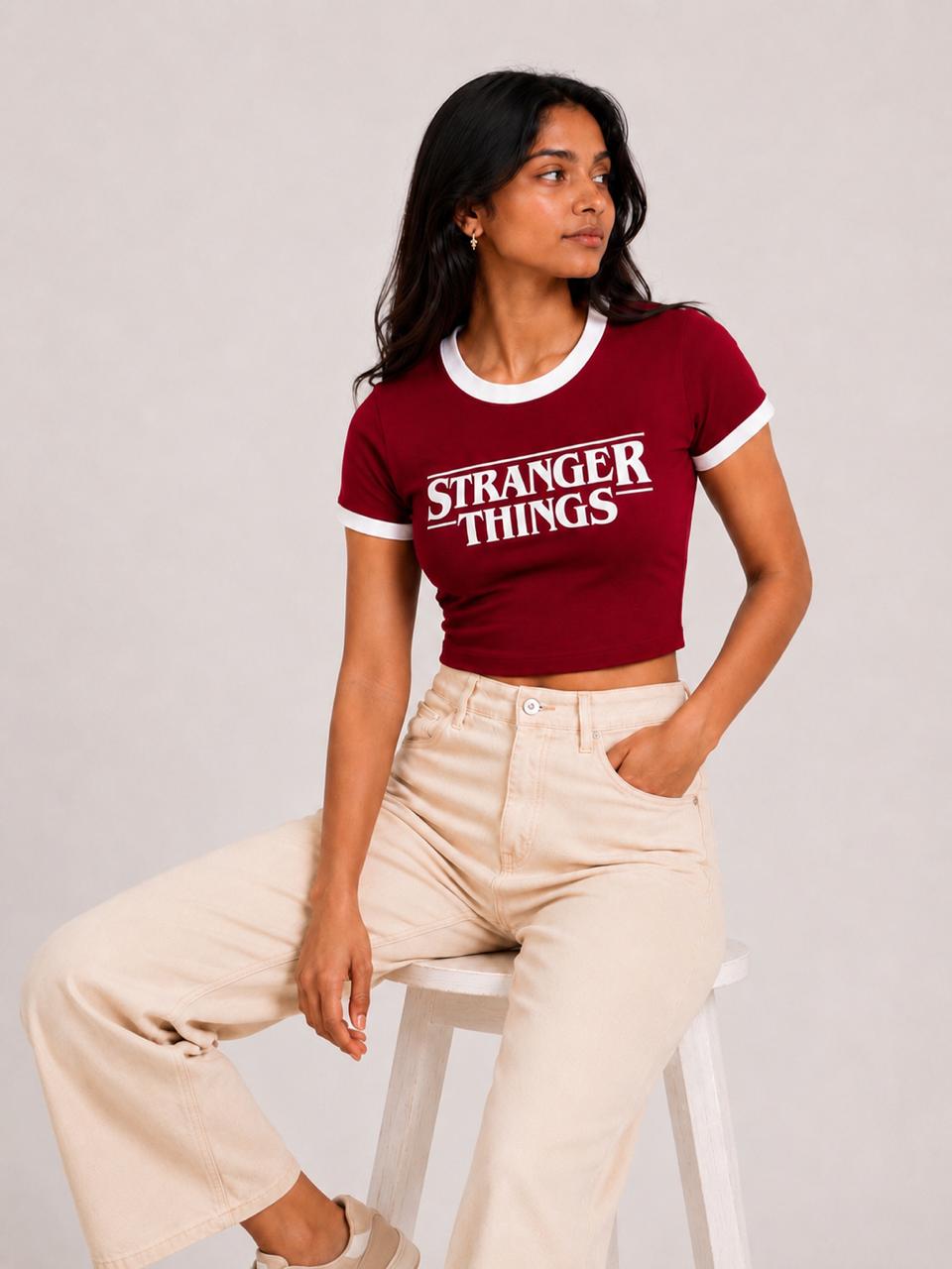 Stranger things printed contrast collar Baby tee | Women's cropped Fit T-shirt
